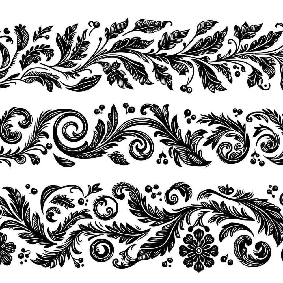Hand drawn deco branches Botanical drawing. Simple line art frieze, stems illustration. Black and White Meadow herbs. Stylized blooming twigs plants. Set of outline doodle floral sketch Leaves border vector