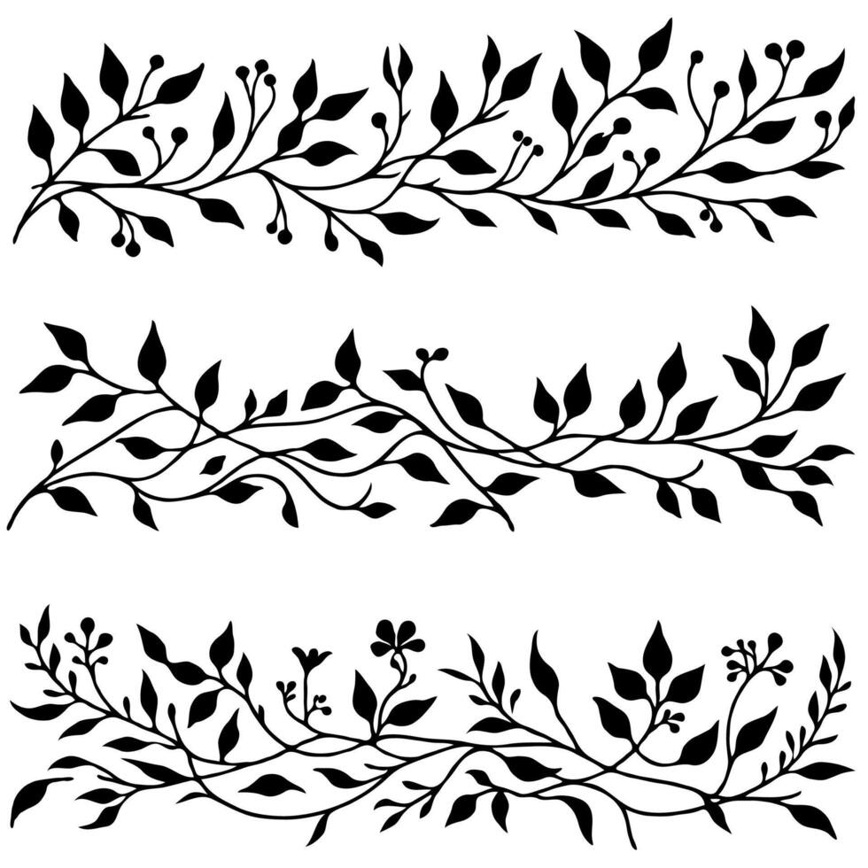 Hand drawn branches Botanical drawing border. Simple ornate line art frieze, stems illustration. Black and White Meadow herbs. Stylized blooming twigs plants. Set outline floral sketch Leaves border vector