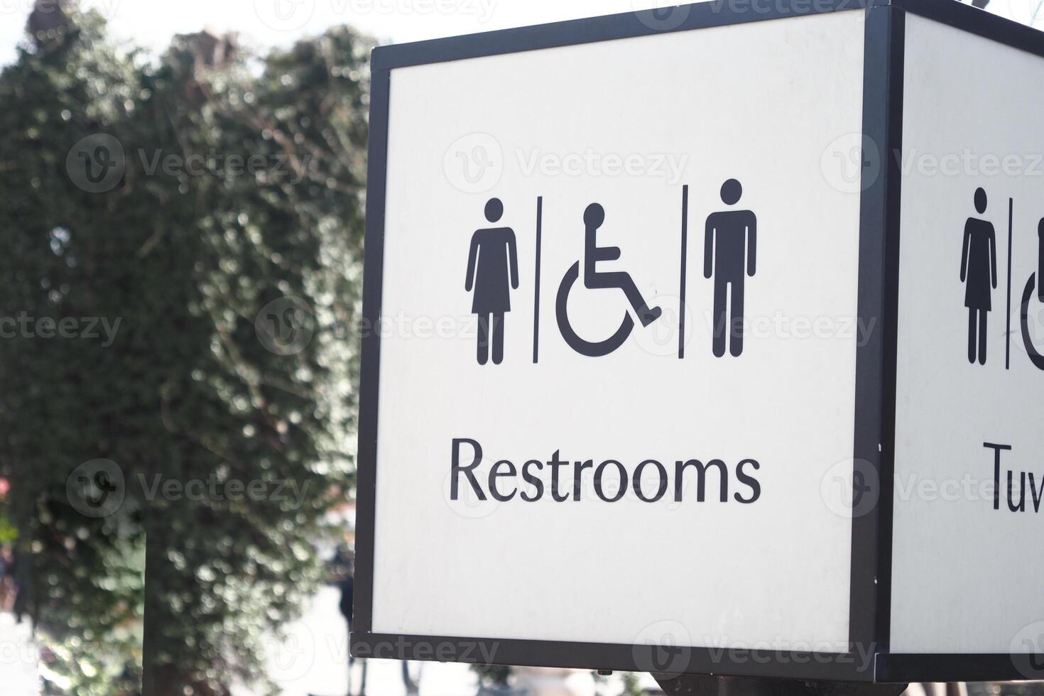 Sign directing visitors to restrooms in a public location photo