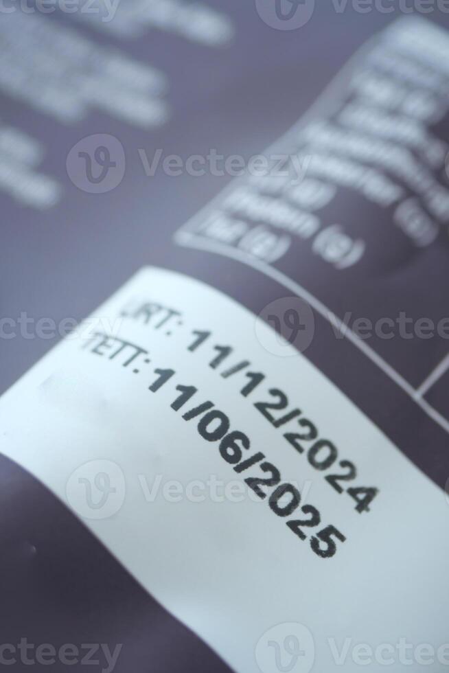 Expiration dates on product label visible on a gray background photo