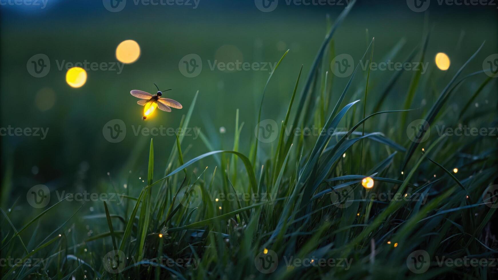 A serene night scene featuring a glowing light hanging from a tree branch amidst a dark forest, highlighting natural beauty and tranquility. photo