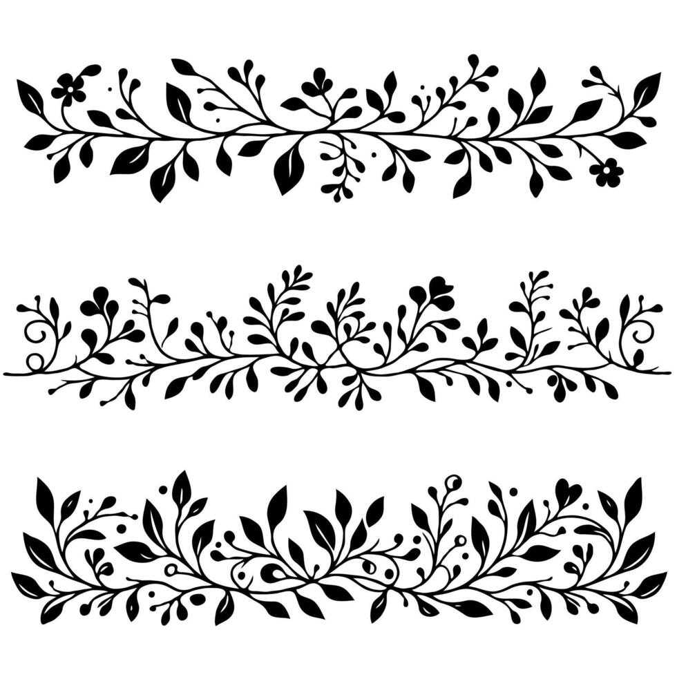 Hand drawn ornate branches Botanical drawing. Simple line art frieze, stems illustration. Black and White Meadow herbs. Stylized blooming twigs plants. Set outline doodle floral sketch Leaves border vector
