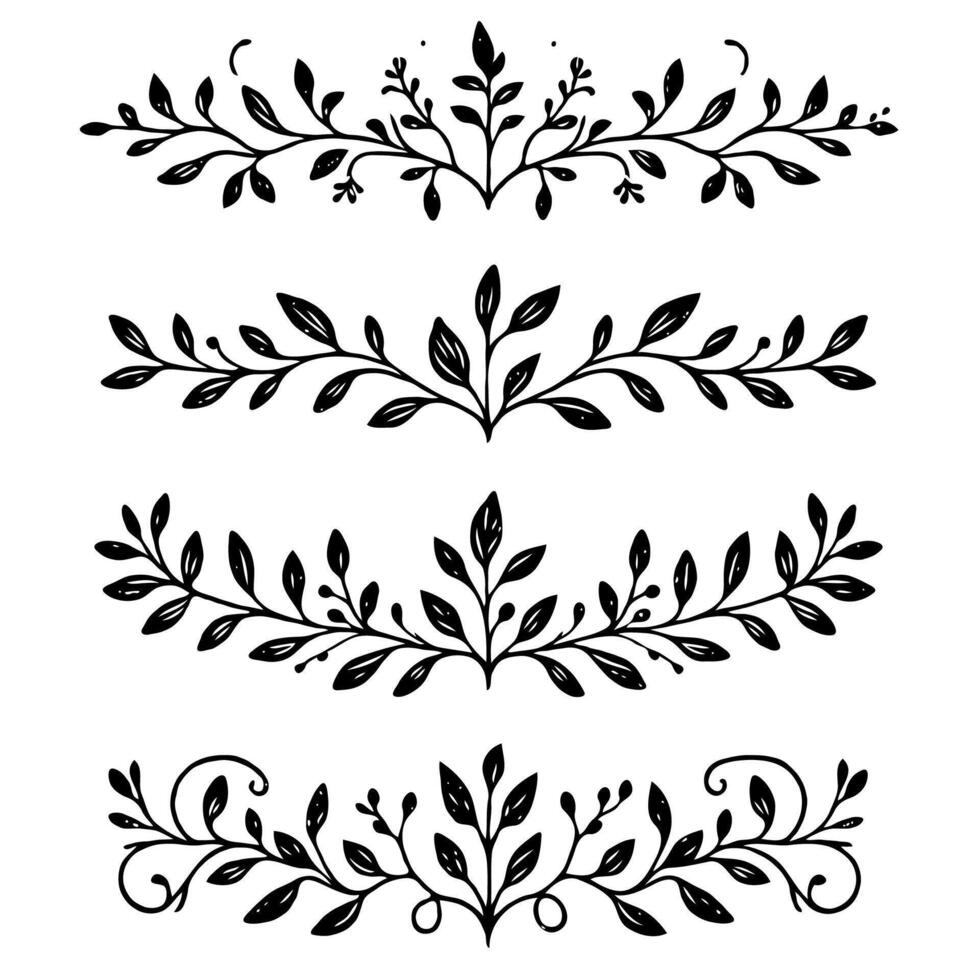 Hand drawn branches Botanical drawing. Simple line art frieze, Motif stems illustration. Black and White Meadow herbs. Stylized blooming twigs plants. Set of outline doodle floral sketch Leaves border vector