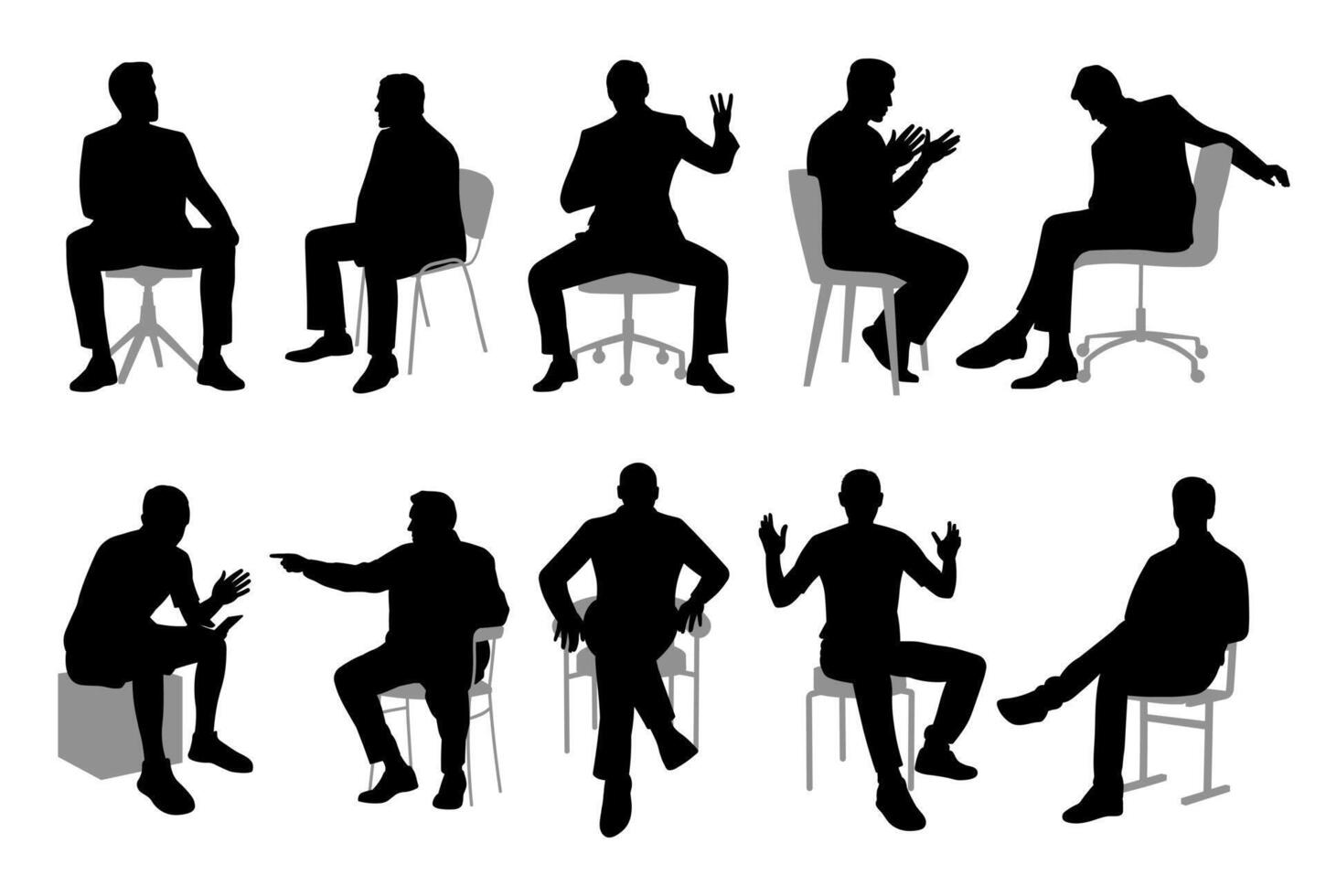 Men sitting in a meeting, black male silhouette, group of business people vector