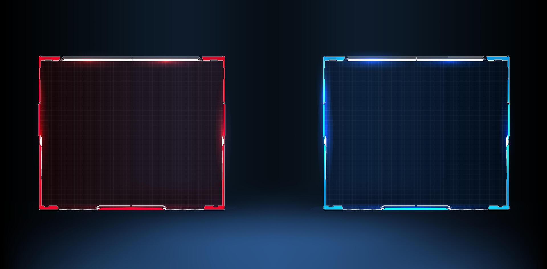 Futuristic digital interface design with glowing red and blue frames on a dark background. vector