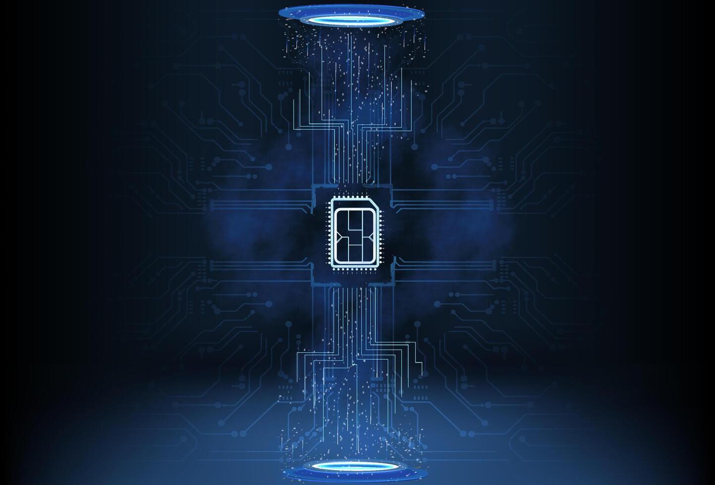 Digital circuit design showcasing a microchip in a futuristic environment with glowing elements vector