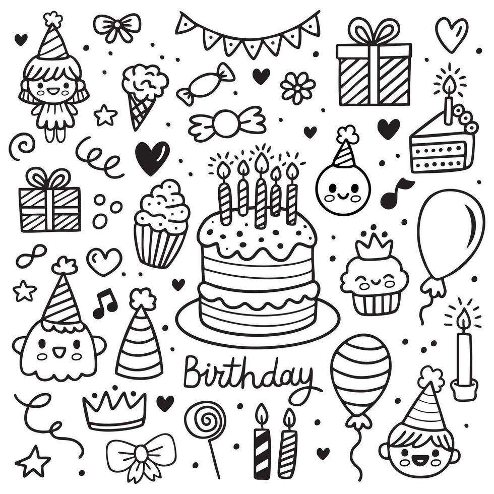 Set of party doodle. Sketch of Birthday decoration, gift box, cake, party hats in sketch style. Hand drawn illustration isolated on white background. vector