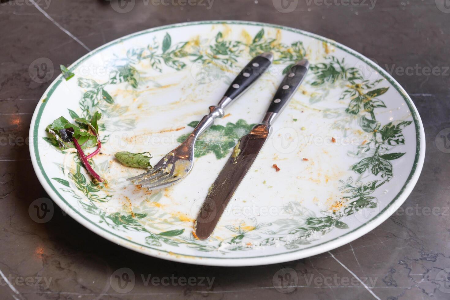 Plate with remnants of a meal after dining at a restaurant photo