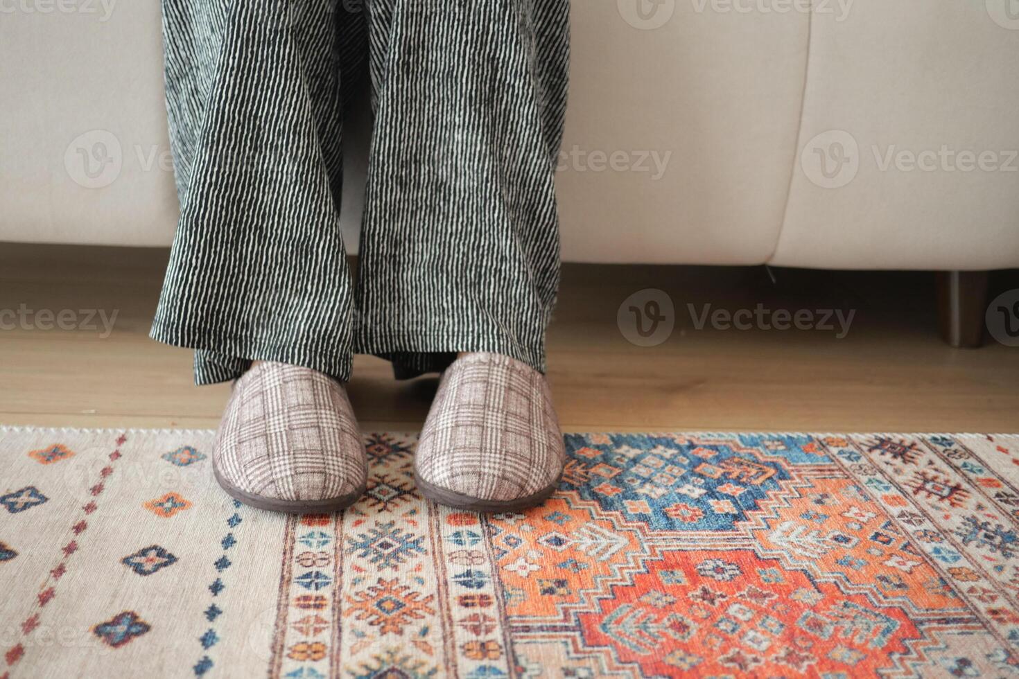 Cozy indoor setting with patterned slippers on a colorful rug photo