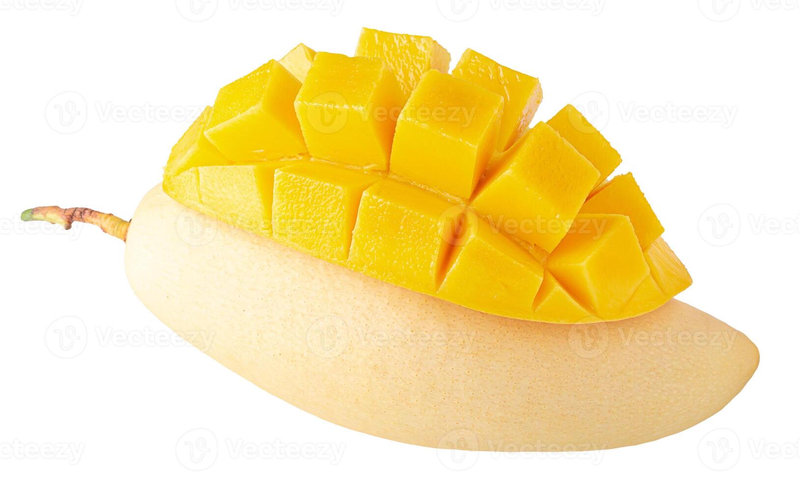 Mango fruit with mango cubes and slices Isolated on a white background photo