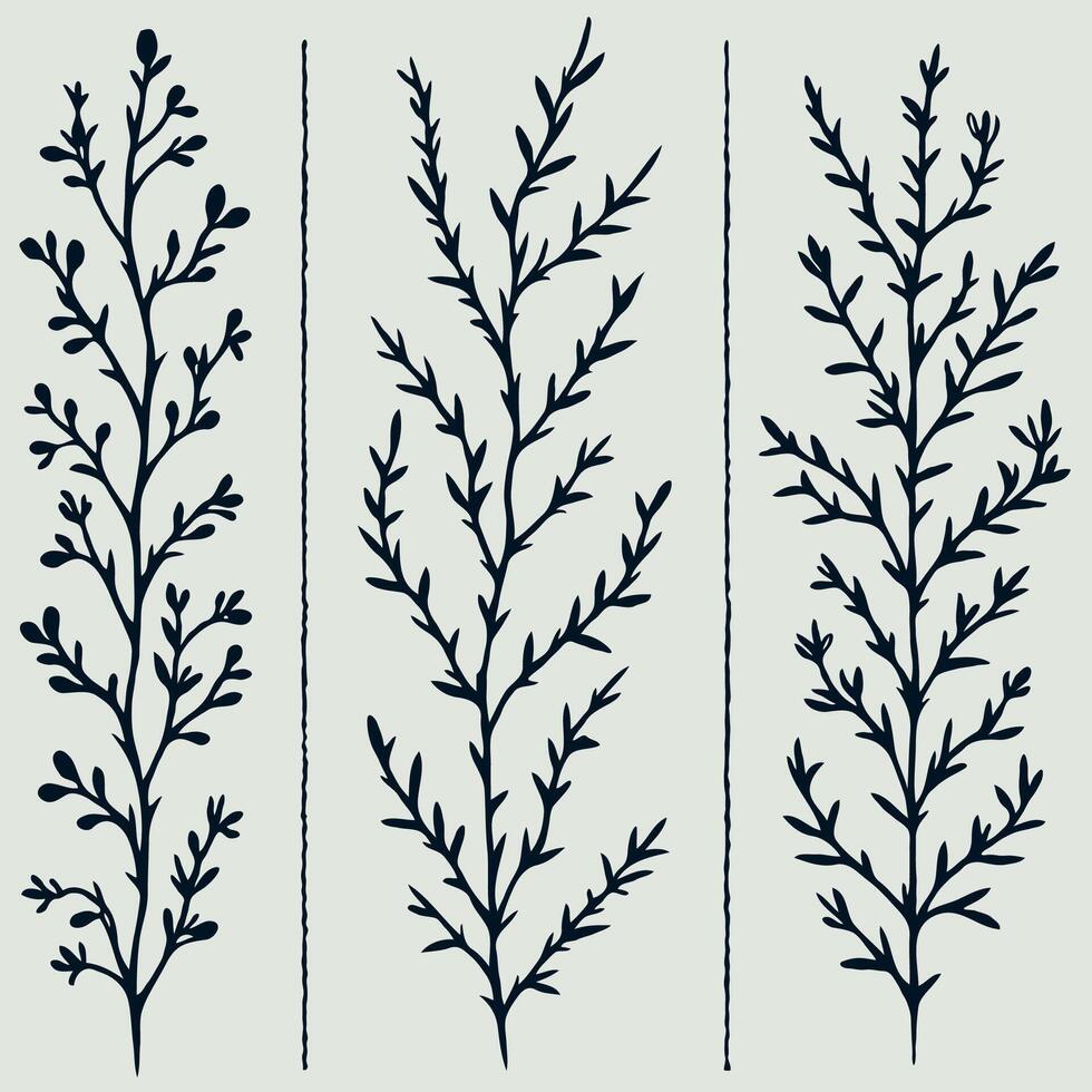 Hand drawn branches Botanical drawing. Simple stick line art frieze, stems illustration. Black and White Meadow herbs. Stylized blooming twigs plants. Set of outline doodle floral sketch Leaves border vector