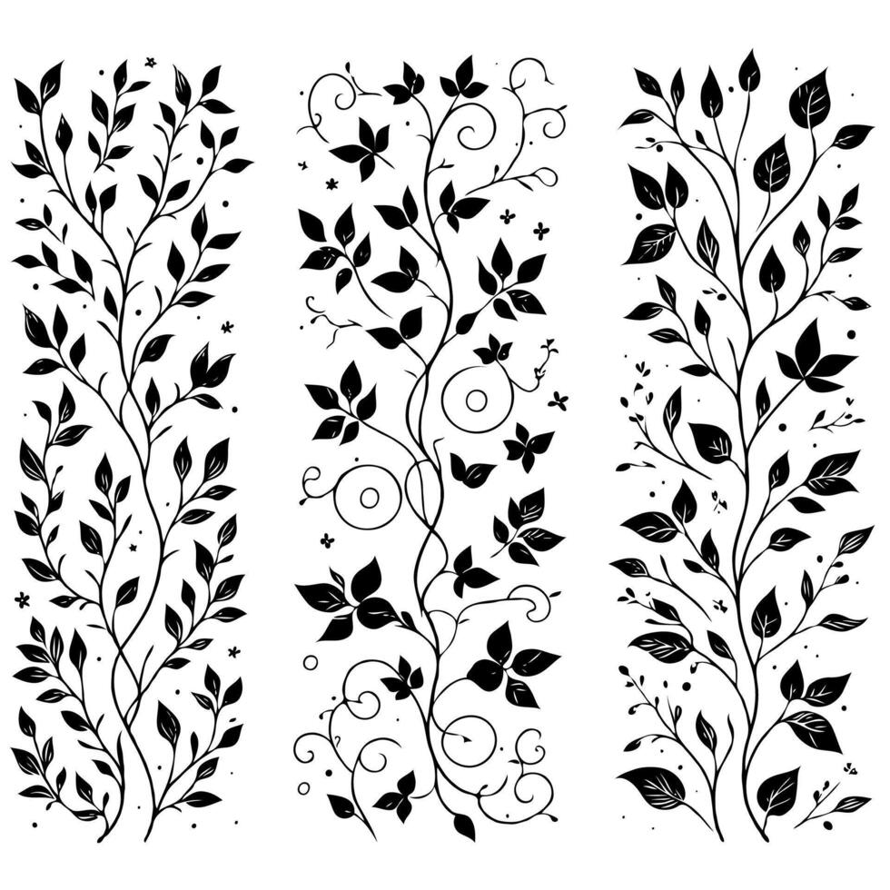 Hand drawn branches Botanical drawing. Simple line art frieze, stems illustration. Black and White Meadow herbs. Stylized blooming twigs plants. Set of outline doodle floral sketch Leaves vine border vector