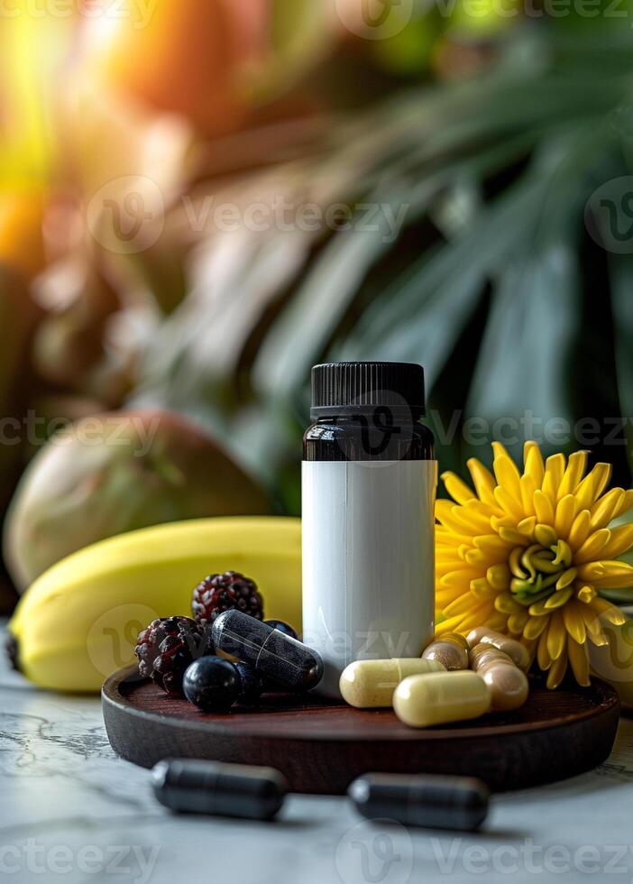 A bottle of vitamins and pills on a table with a banana and flowers photo