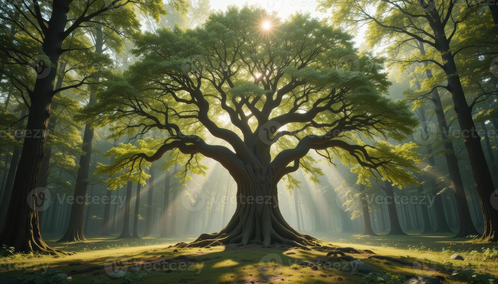 majestic tree with sprawling branches stands in sunlit forest, surrounded by lush greenery and soft light rays. photo