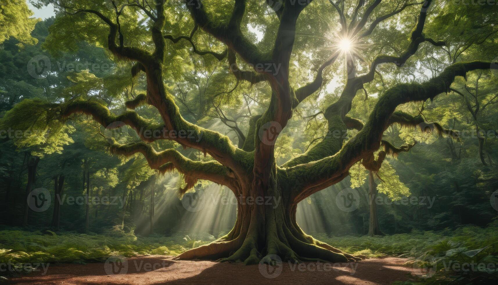 Majestic ancient tree with sprawling moss covered branches, illuminated by sunbeams in serene forest setting. photo