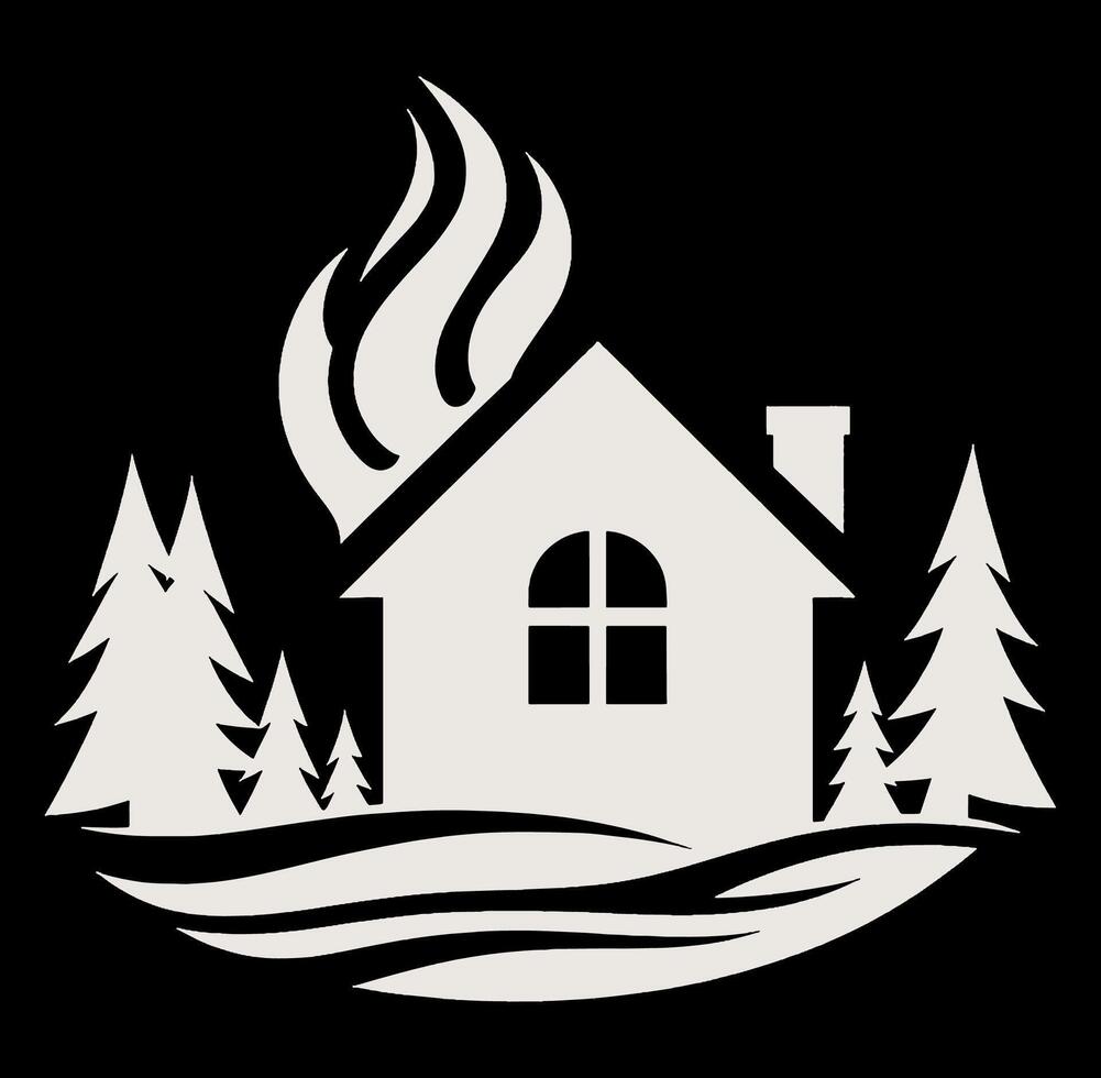 A house with a fire and trees on a black background vector