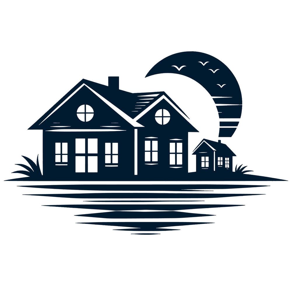 A house and a seagull on the water at night vector