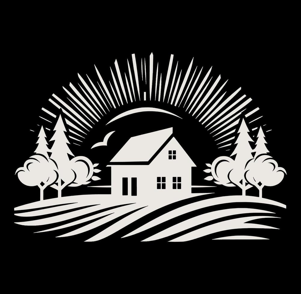 A house and trees in the field with the sun in the background vector