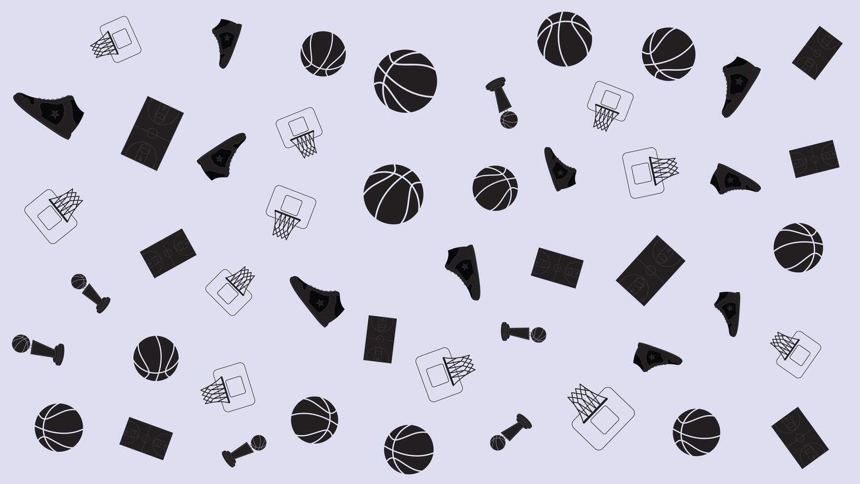 Monochrome Seamless Basketball Pattern with Shoes, Courts, Balls, Hoops, and Trophies vector