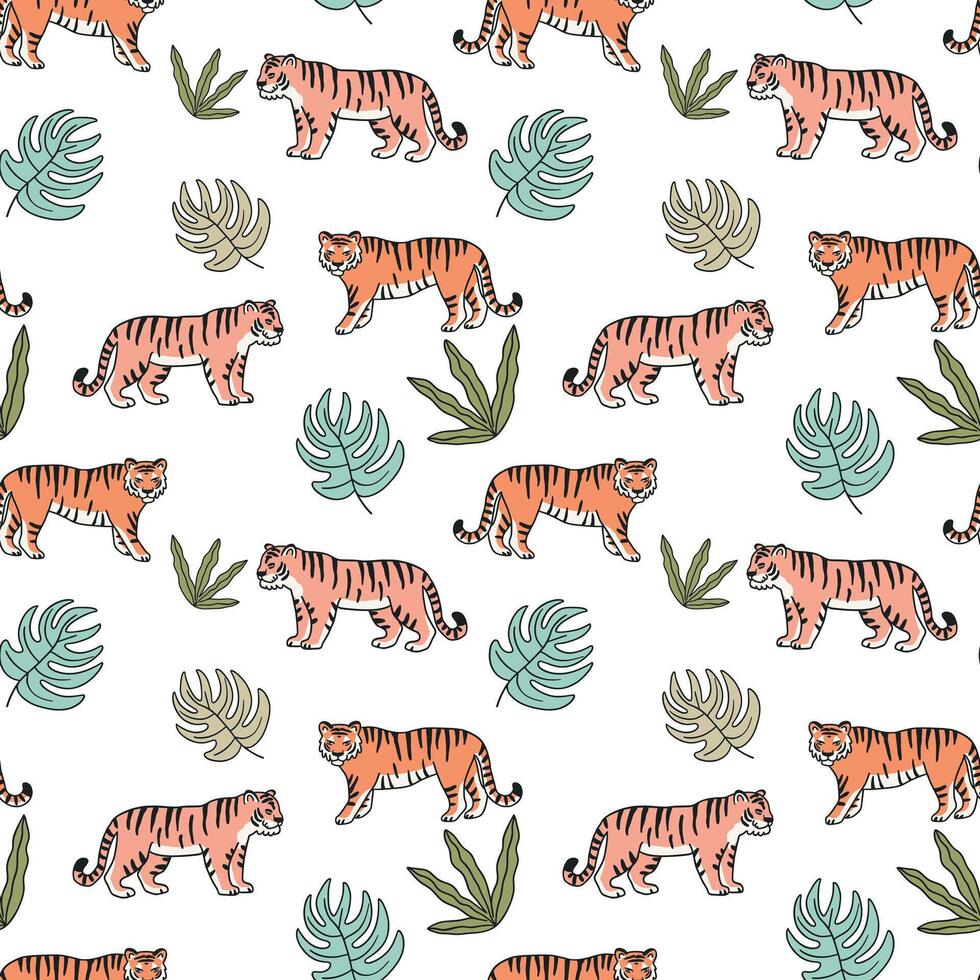 Seamless pattern with tigers among green tropical plants, in minimalist style, flat illustration, on white background. vector