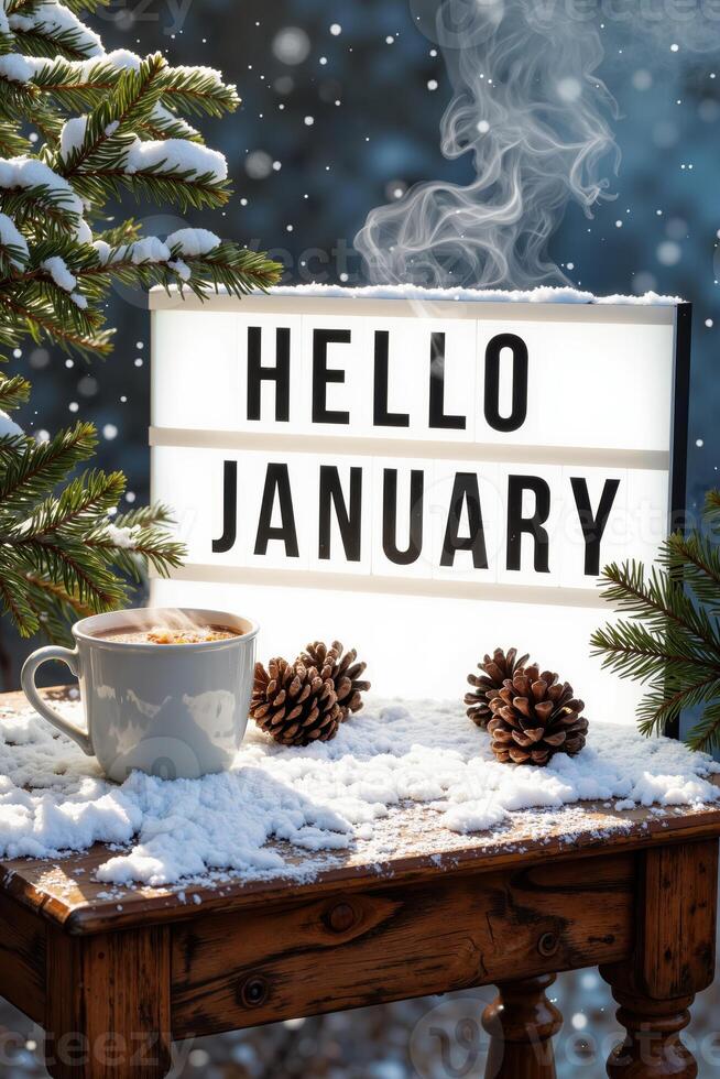 Hello january sign on a wooden table with snow and pine cones photo