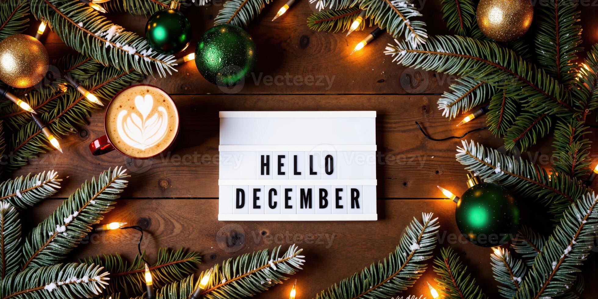 Hello december - christmas decorations on wooden background photo