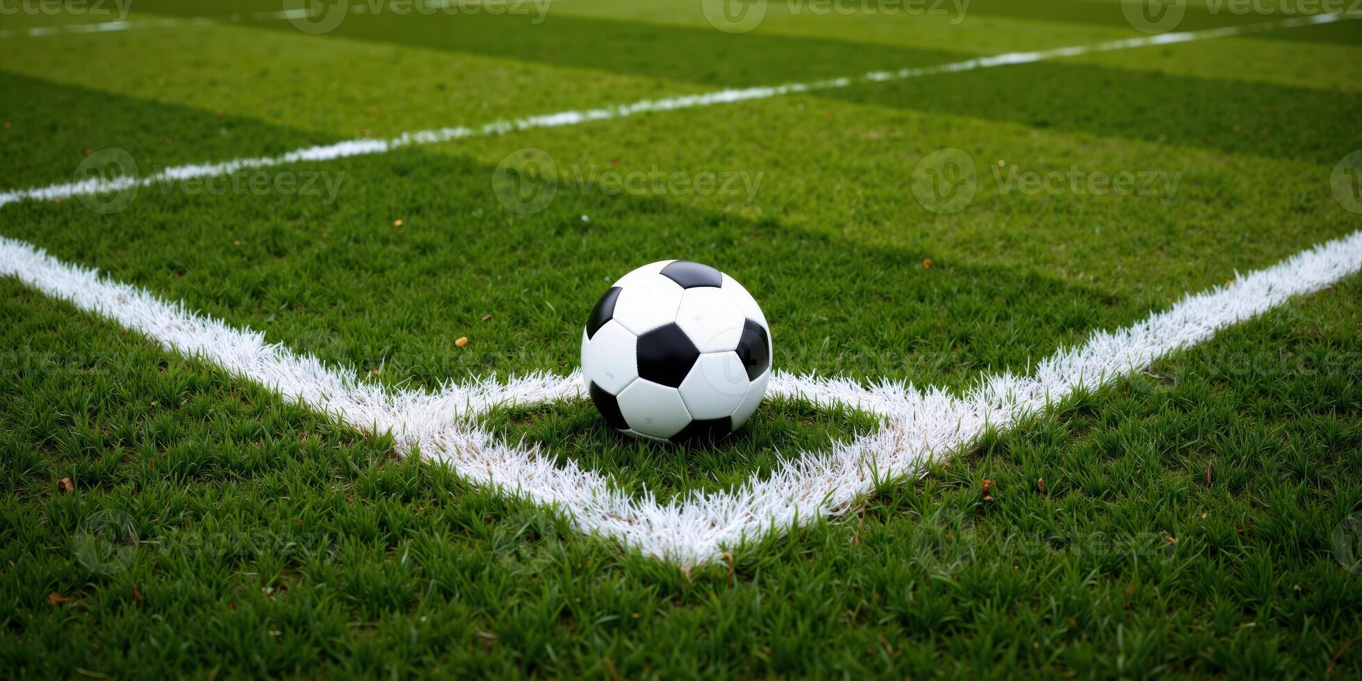 A soccer ball on the grass in front of a white line photo