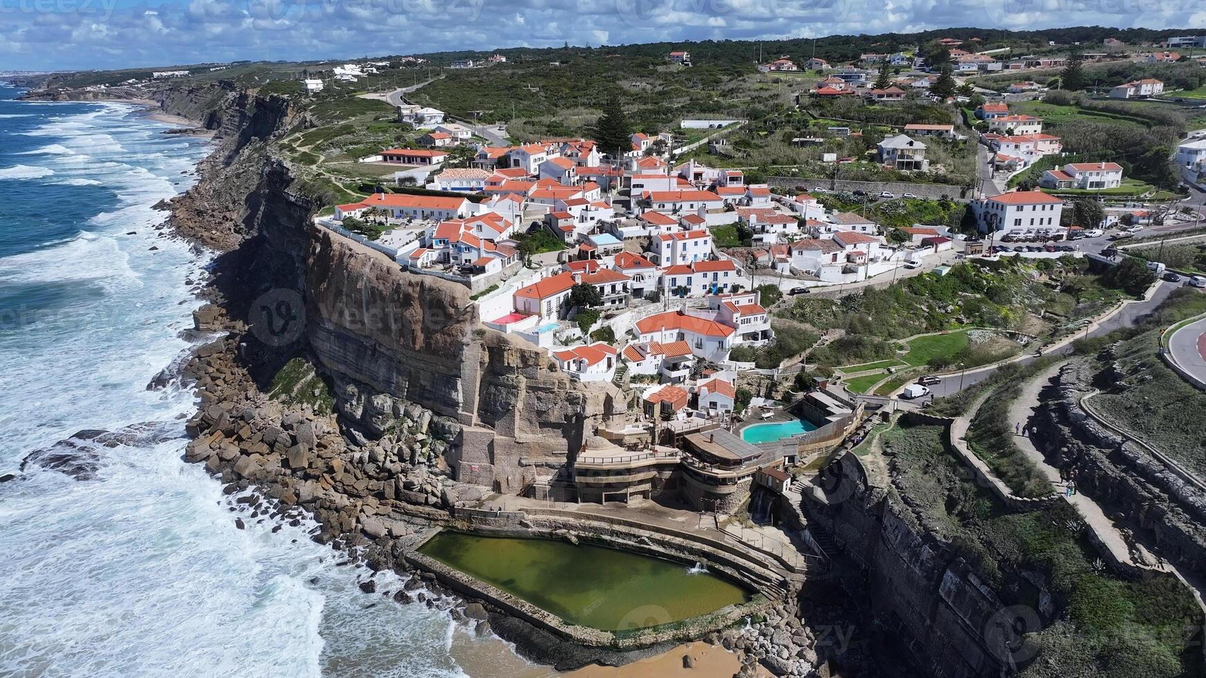Aerial View of azenhas do mar beach at Sintra Lisbon District Portugal.. Destinations Blue Sky. photo