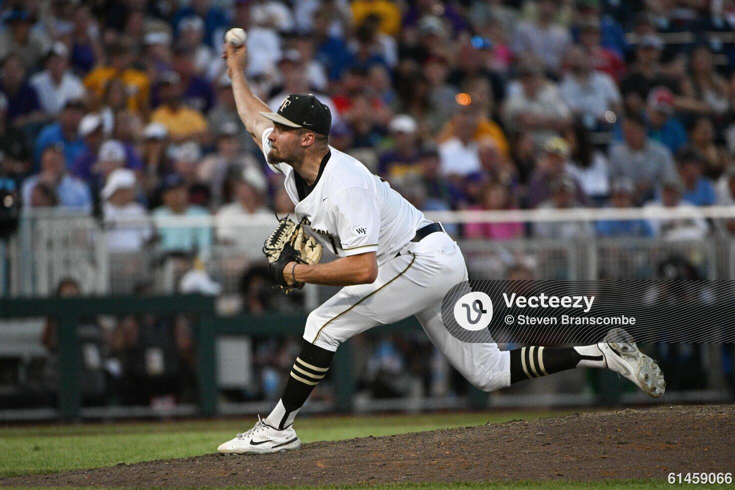 Wake Forest Demon Deacons pitcher Camden Minacci (14) throws against the LSU Tigers in the ninth inning at Charles Schwab Field Omaha. editorial_image