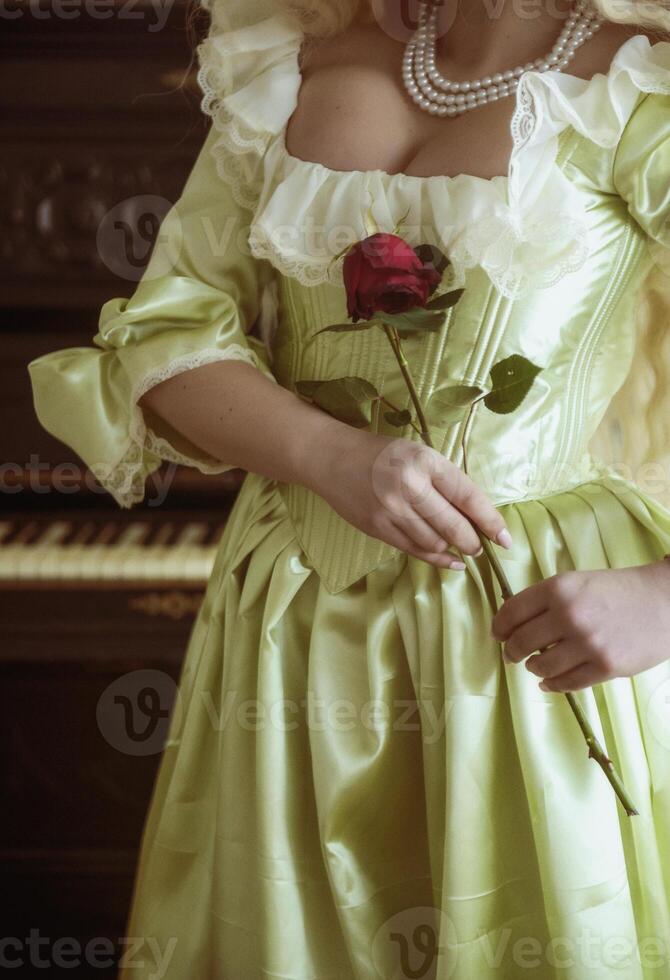 close-up of a medieval dress corset and corset. pearls on the neck. soft green rococo style dress. red rose in hands. photo without a face. black piano in the background.