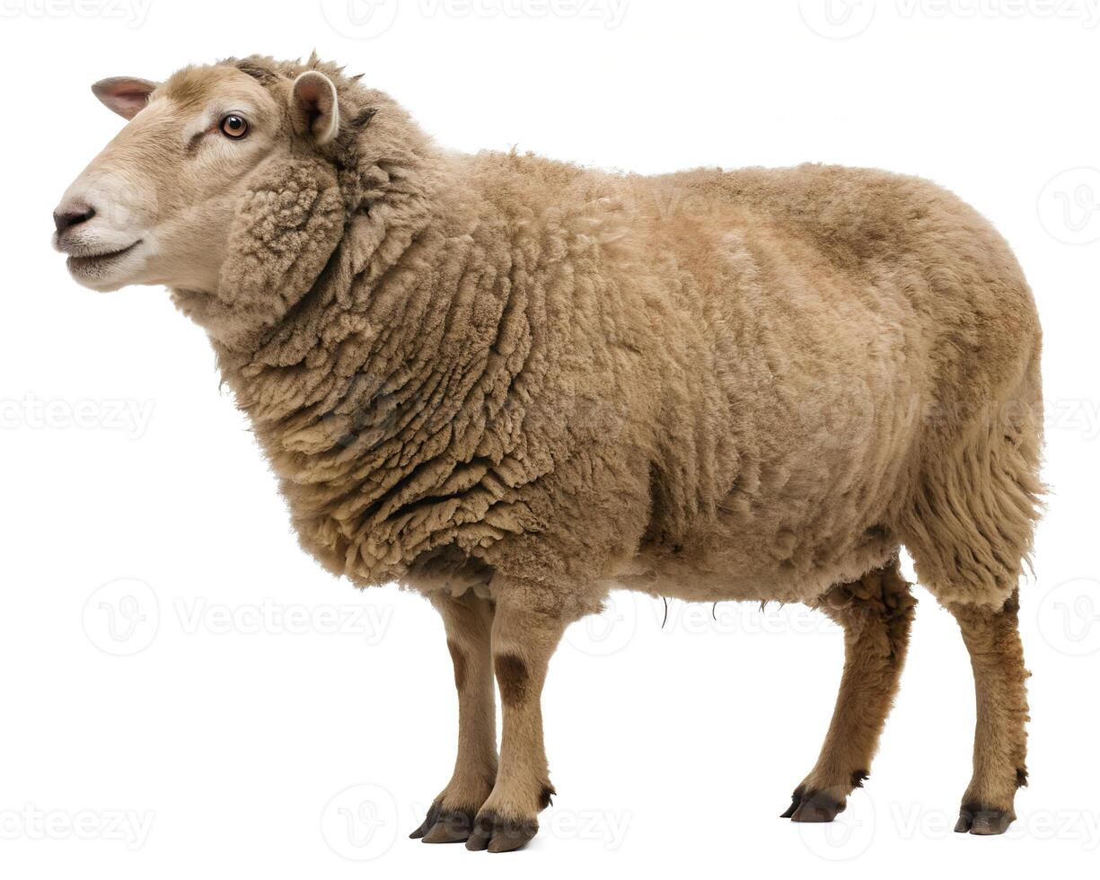 Full body of brown woolly sheep standing and facing sideways isolated on white photo