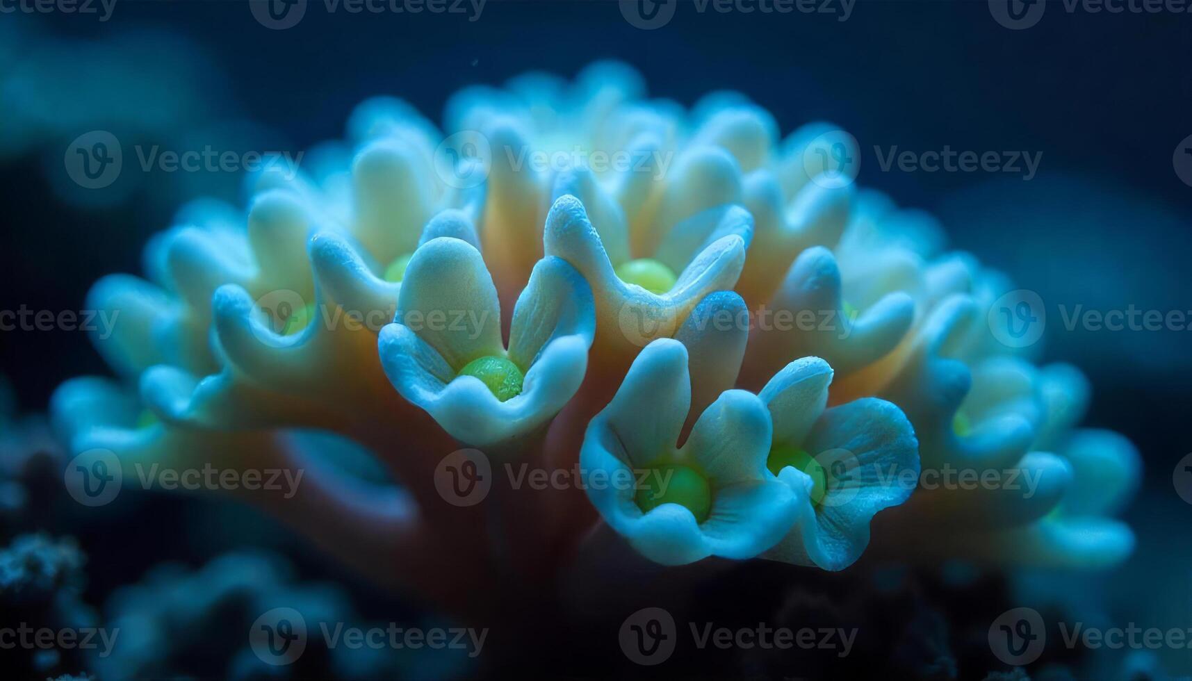 A close-up shot of a branching hammer coral with its tentacles extended, showcasing their bulbous tips and vibrant colors, in a dark environment photo