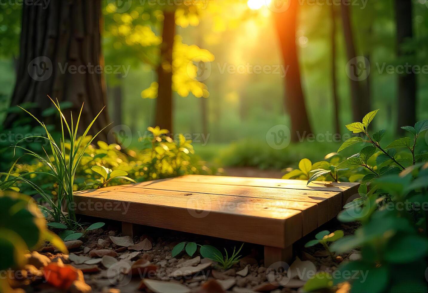 A wooden platform surrounded by green plants and leaves, sunlight shining through the trees in a forest, creating a warm and inviting atmosphere photo