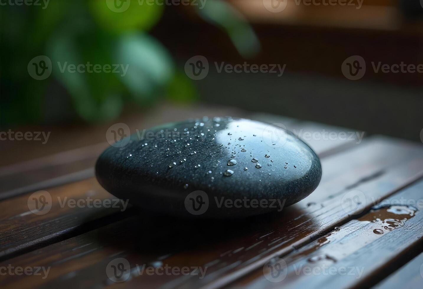 A black stone with water drops on a wooden surface, in a blurred background with green leaves photo