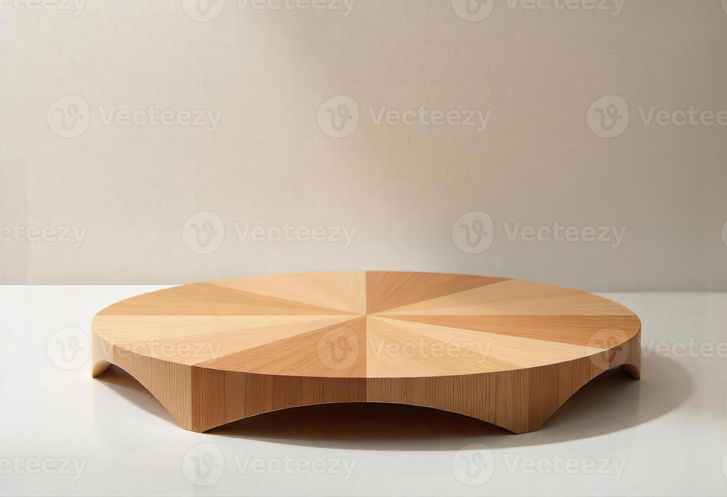 A wooden round table with a geometric pattern on top, light brown color, simple design, against a plain white background photo