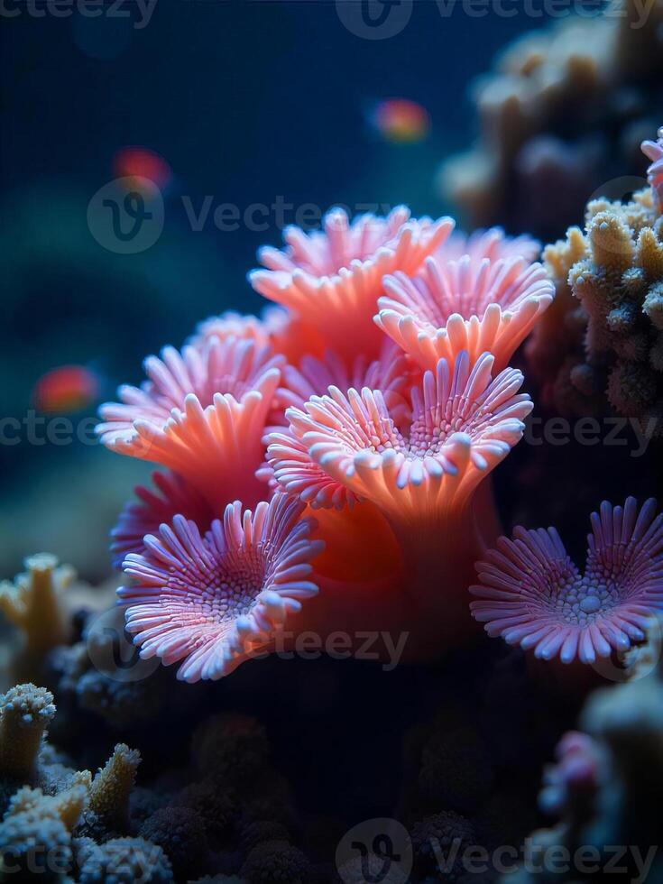 A group of pink corals with white tips, surrounded by other corals, with some small orange fish in the background, underwater photo