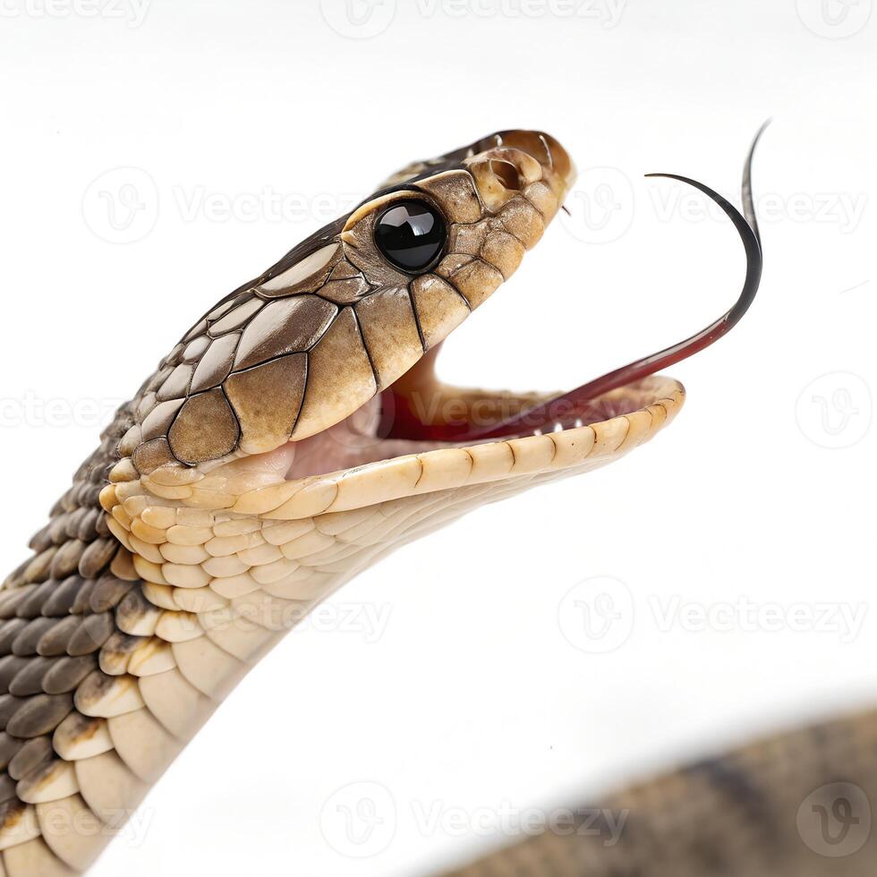 Two sharp, curved snake fangs with a subtle venomous drip., isolated on a white background photo