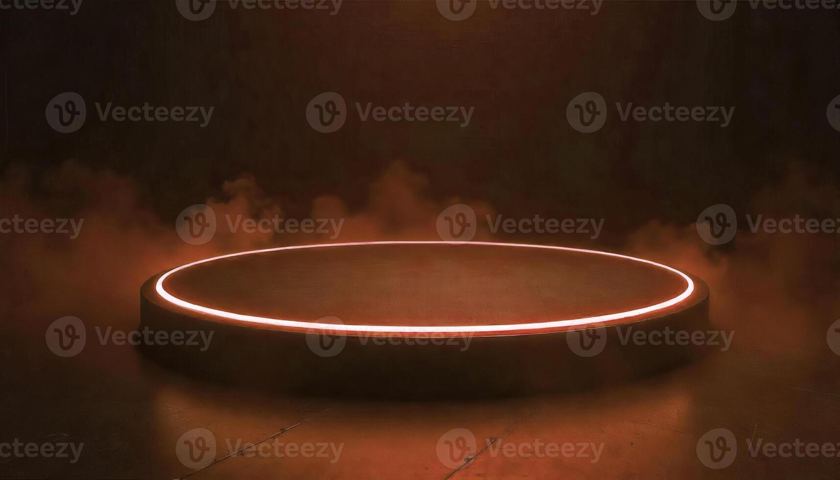 A Copper color podium with a neon light around it, smoke around the podium, dark background photo
