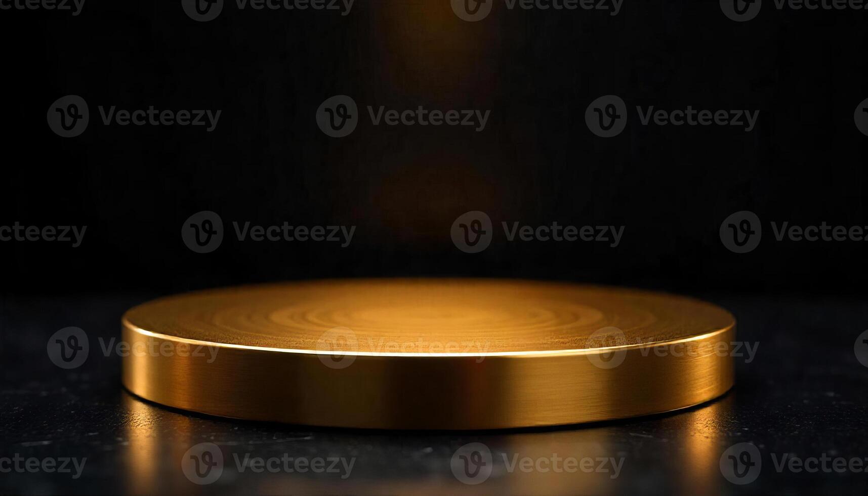 A golden platform on a black marble floor, dark background, product photography, studio lighting, elegant, luxurious, minimalist photo