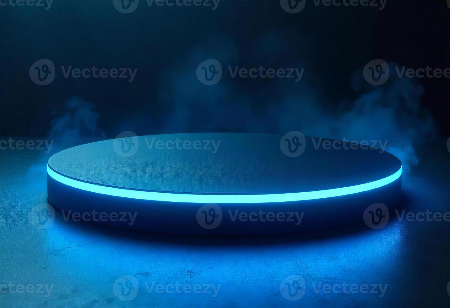 A round platform with a blue neon light on the edge, smoke in the dark background photo