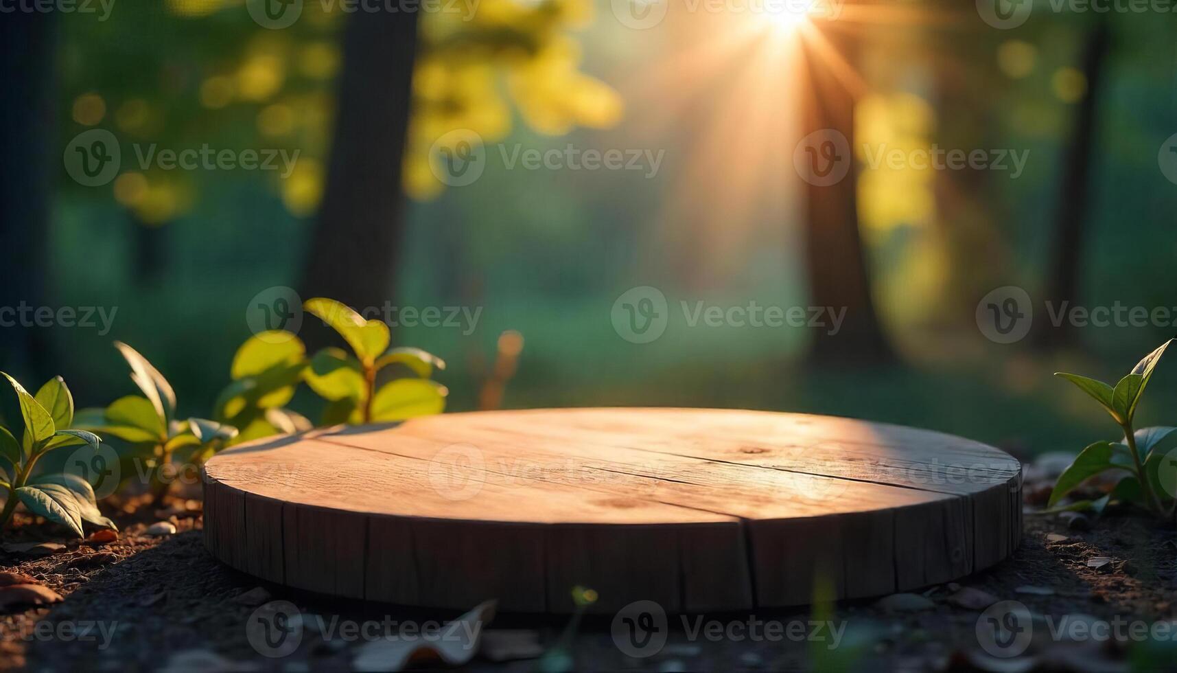 A wooden podium with a plant on top in a forest with the sun shining through the trees photo