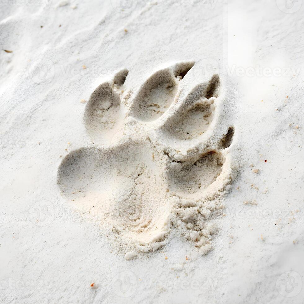 A small, detailed imprint of a rabbit s paw in light sand., isolated on a white background photo
