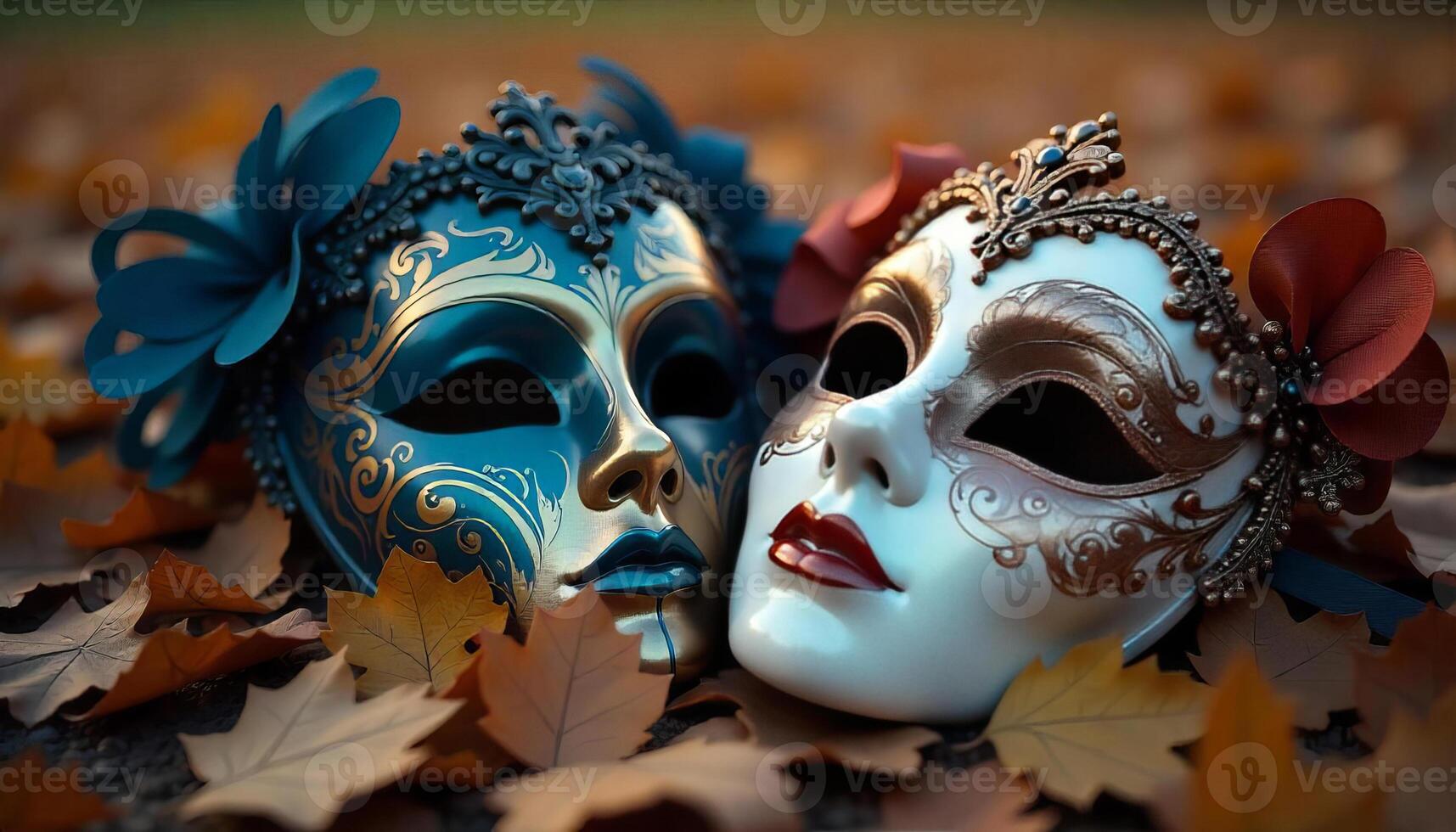 Two venetian masks, one blue and one white, with golden decorations, lying on a bed of dry leaves in autumn colors, close up shot photo