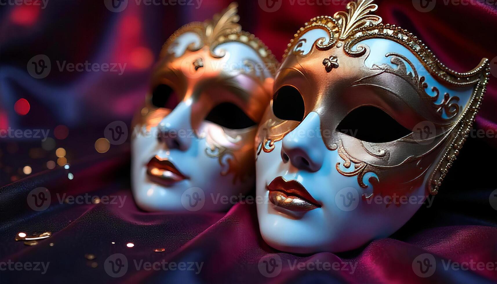 Two venetian masks with golden ornaments on a purple silk fabric, in a studio with soft lighting photo