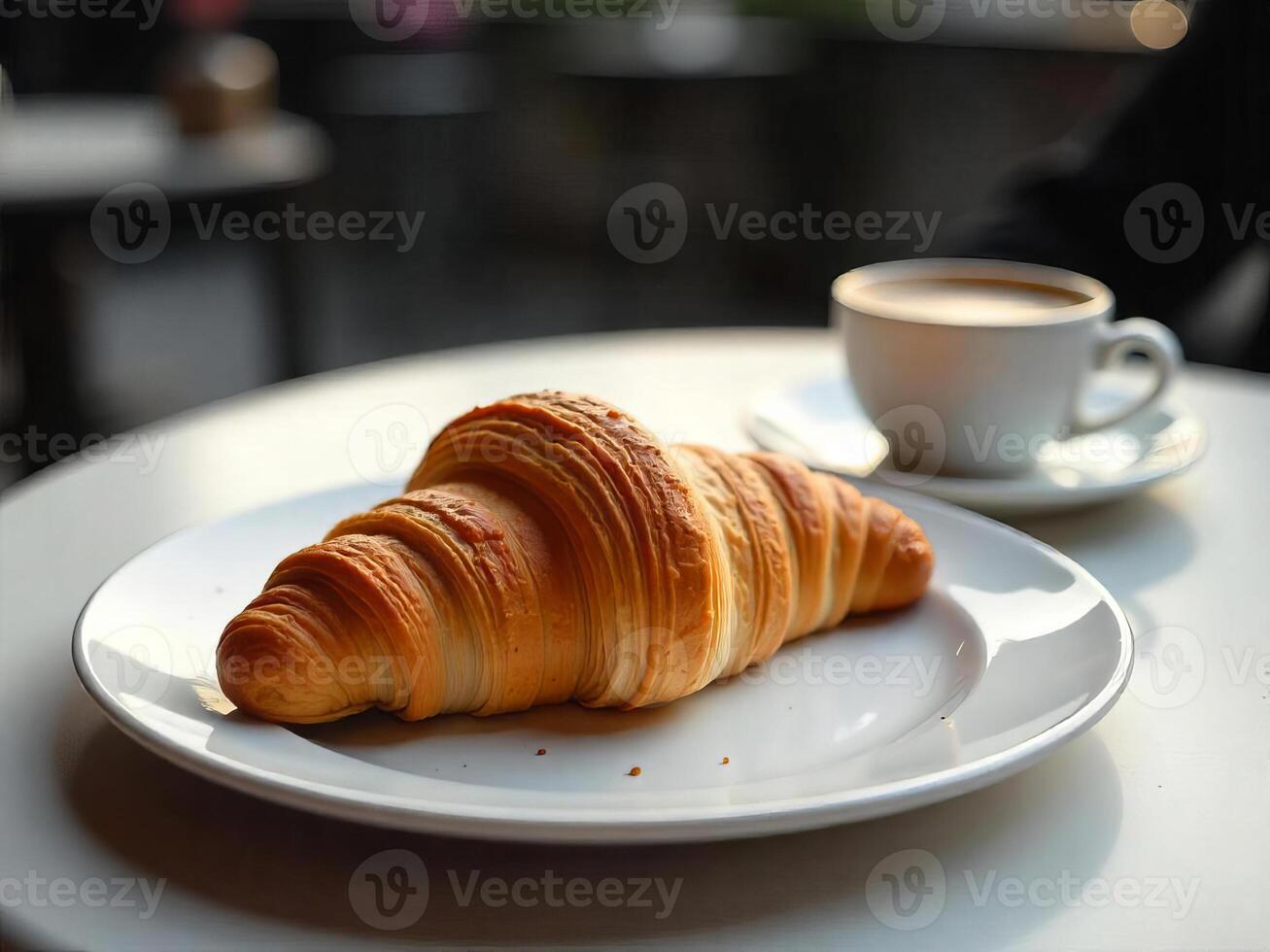 A croissant on a white plate with a cup of coffee, on a white table in a cafeteria photo