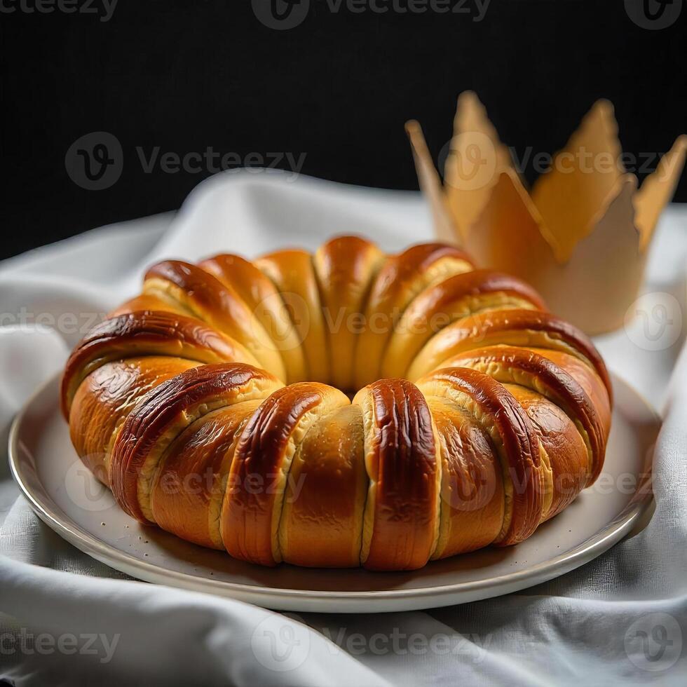 A ring-shaped sweet bread with a golden crown in the background, on a white tablecloth with some green branches photo
