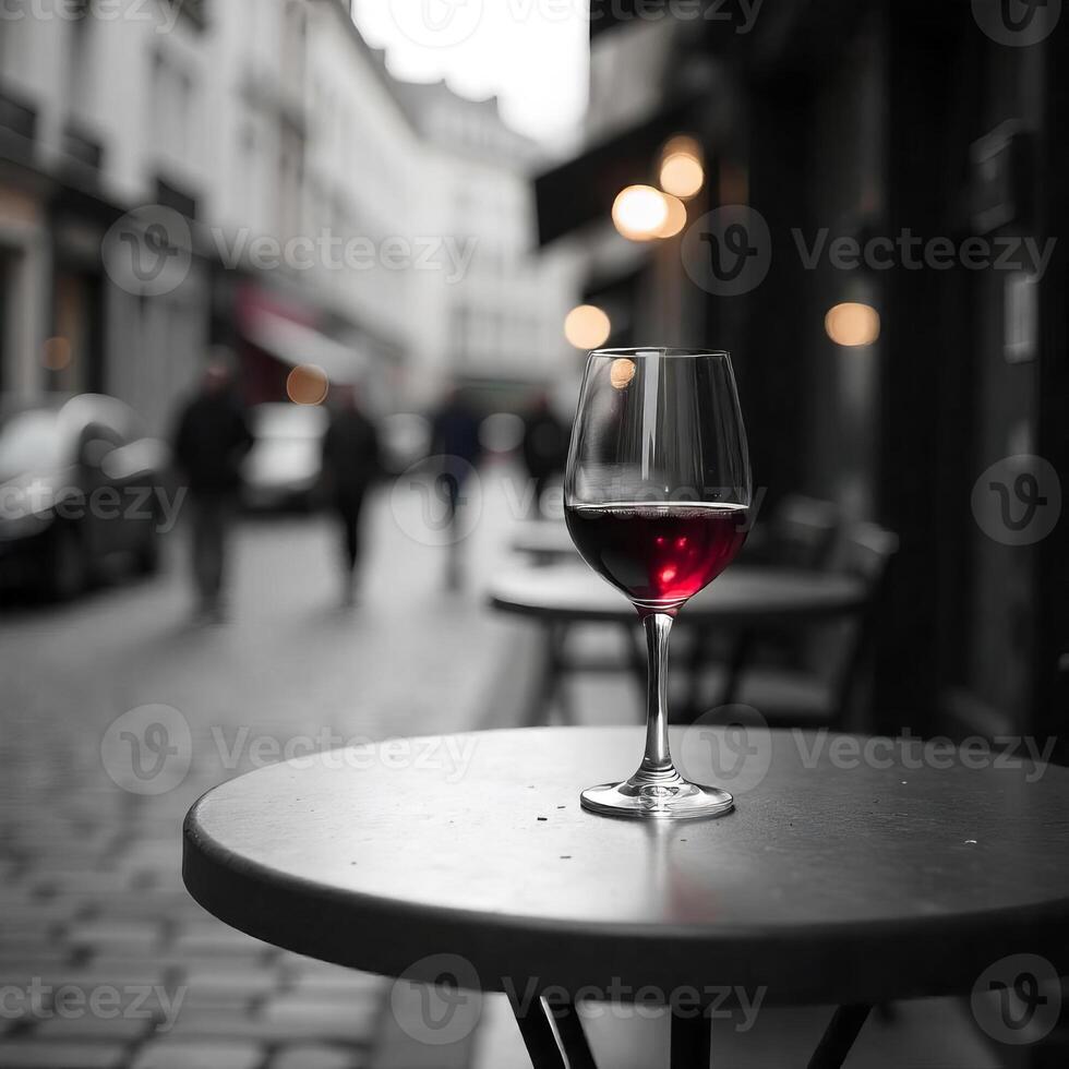 A glass of red wine on a round table in a restaurant, blurred background with people walking on the street photo