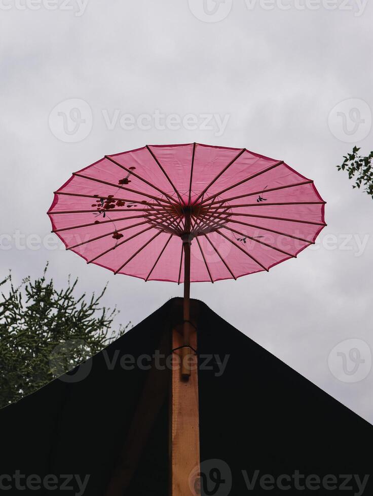 Pink Japanese Paper Umbrella Against a Cloudy Sky photo