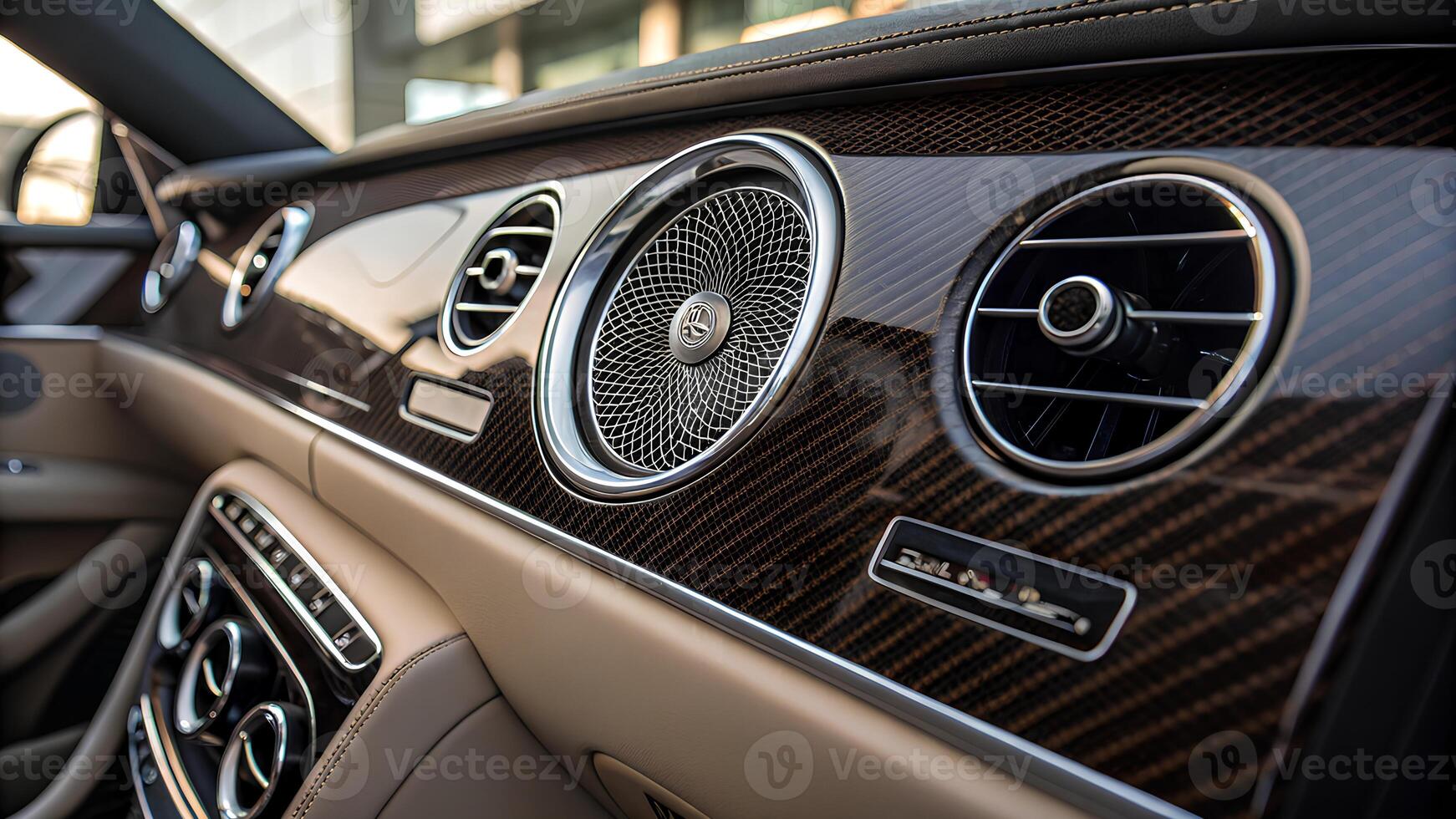 A detailed shot of as speaker grille in a luxury car photo