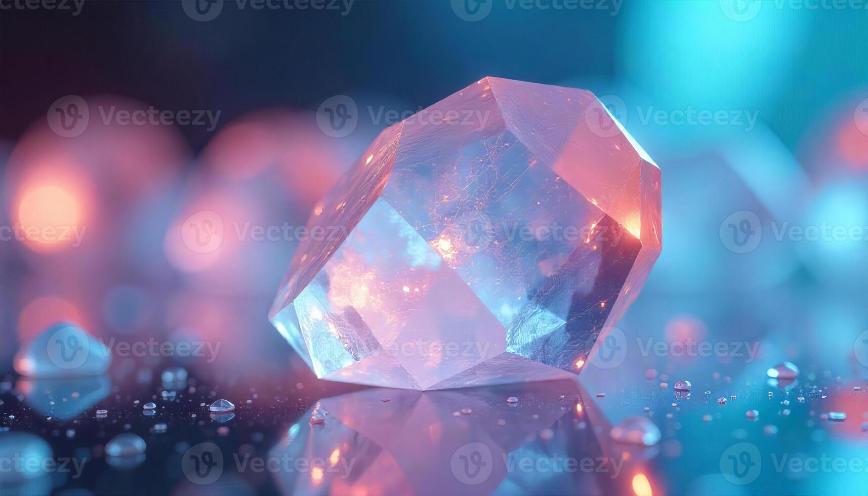 A clear crystal with pink and blue highlights, sitting on a reflective surface with water droplets, soft lighting and dark background photo